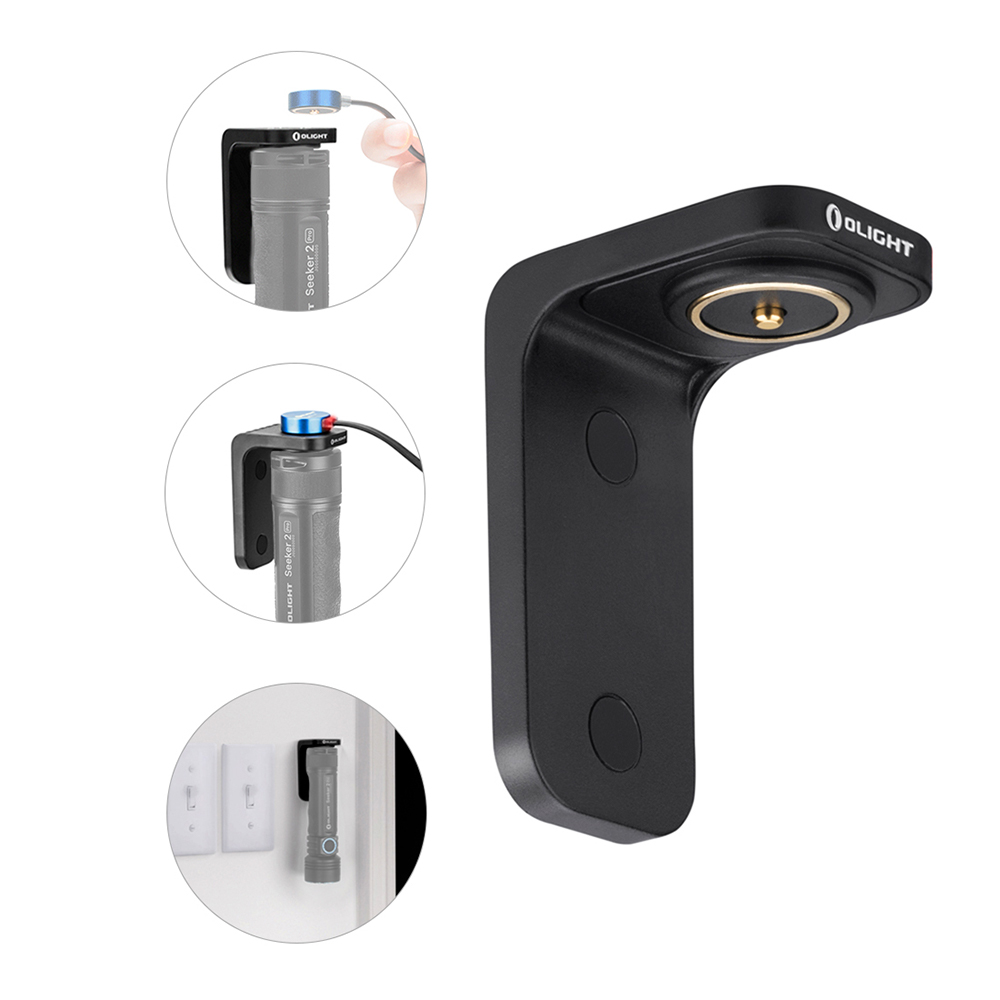 Support de charge magnétique Olight noir pour lampe de poche, avec exemples d'utilisation et fixation murale