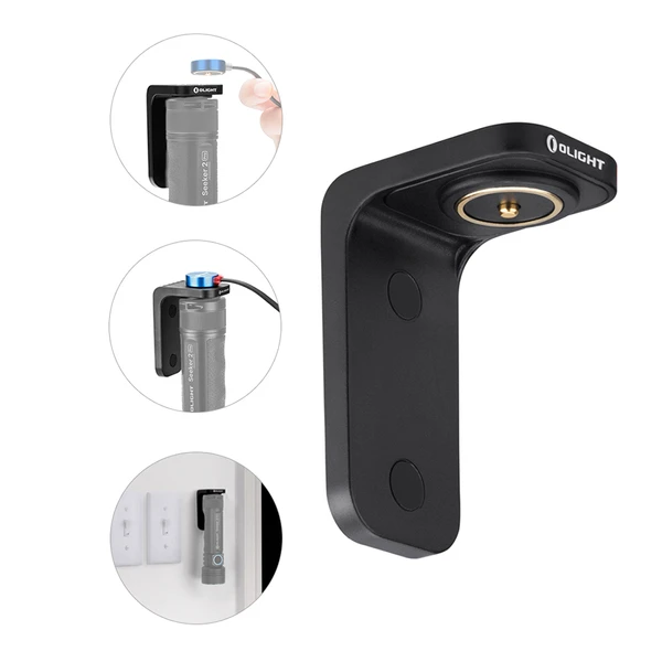 Support de charge magnétique Olight noir pour lampe de poche, avec exemples d'utilisation et fixation murale