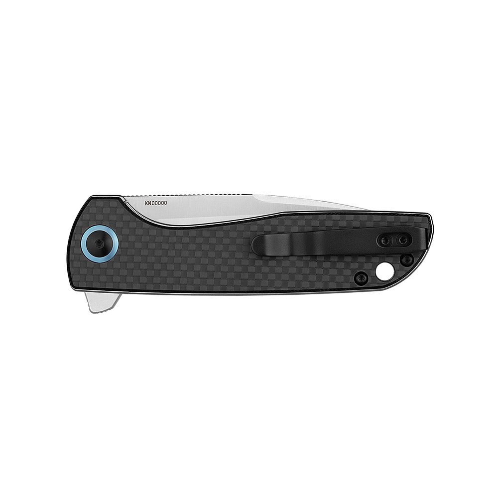 Couteau de poche EDC CIVIVI avec manche en fibre de carbone, lame satinée, clip de poche noir et pivot bleu.