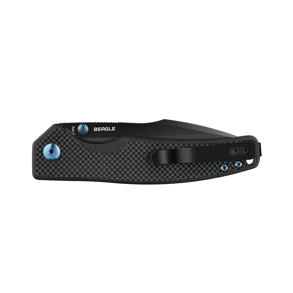 Couteau pliant noir BEAGLE, poignée en fibre de carbone, clip de poche.