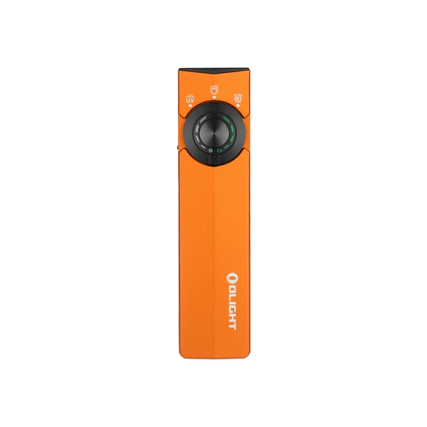 Lampe torche Olight ArkPro orange de face avec molette de sélection et indicateur de batterie pour EDC et extérieur