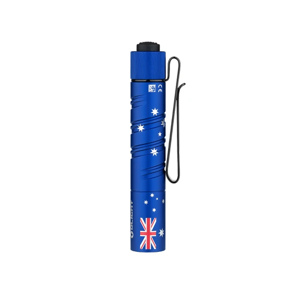 Olight I3T 2 bleue avec drapeau britannique, clip de poche pour un transport EDC pratique.