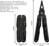 Pince multifonction noire HX Outdoors avec dimensions ouvert, fermé et spécifications techniques en acier inoxydable.