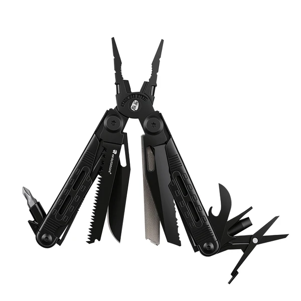 Pince multifonction noire HX OUTDOORS avec scie, couteau et tournevis sur fond blanc