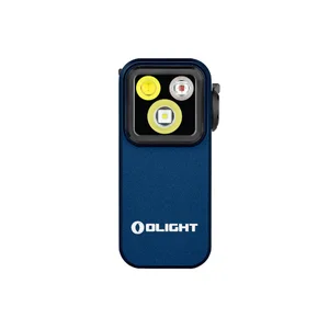 Mini lampe clip de poche Olight Oclip Pro bleu de face avec trois LED pour le camping et EDC