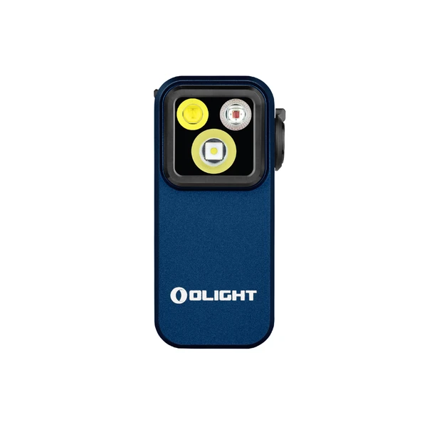 Mini lampe clip de poche Olight Oclip Pro bleu de face avec trois LED pour le camping et EDC