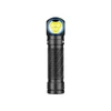Lampe frontale noire Olight Perun 2 mini avec tête d'éclairage à 90 degrés, 3 LED jaunes et un anneau bleu.