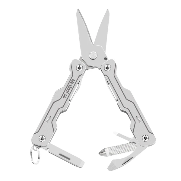 Pince multifonction NexTool SO en acier inoxydable avec ciseaux, tournevis et décapsuleur sur fond blanc.