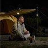 Homme campeur assis près de sa tente sous une bâche, tenant une tasse, éclairé par des lampes de bâton de randonnée.