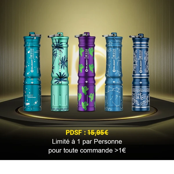 Cinq lampes de poche Olight I3E EOS aux motifs variés (palmiers, fantômes, constellations) en rang sur fond doré.