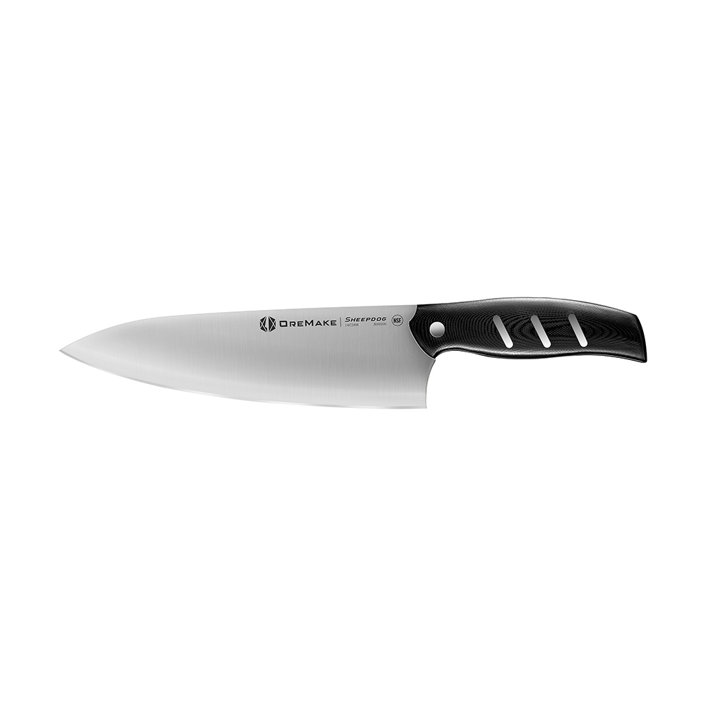 Couteau de chef Oremake Sheepdog 1.4116 en acier inoxydable, manche ergonomique noir.