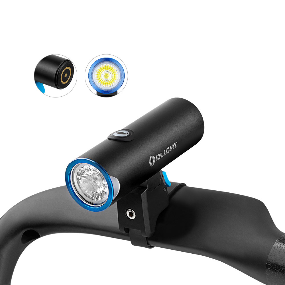 Phare vélo Olight monté cintre, avec feu arrière et port magnétique.
