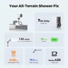 Spécifications de la douche portable Flextail avec autonomie de 70 min et débit de 1,32 Gal/Min.