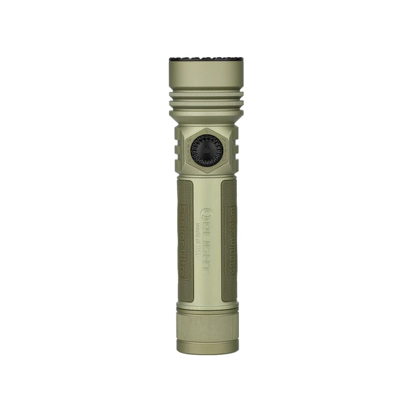 Lampe torche Olight Seeker Ultra OD Green de face avec corps antidérapant, idéale pour camping et activités outdoor