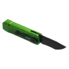 Couteau de poche pliant Oknife manche vert tacheté rouge et lame noire d'un outil tactique EDC sur fond sombre