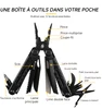 Pince multifonction noire 12 en 1 avec détails des outils comme pince, scie, tournevis et ciseaux.