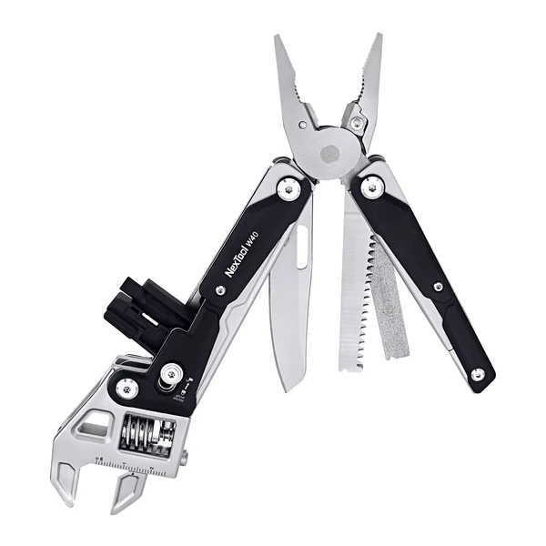 Pince multifonction NexTool W40 avec clé à molette, couteau, scie et lime sur fond blanc.