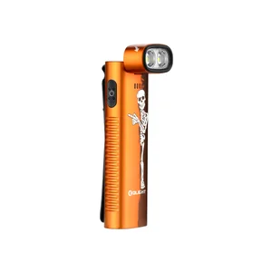Lampe de poche Olight orange avec motif squelette, lampe LED, rechargeable, idéale pour activités extérieures.