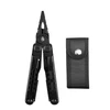 Pince multifonction noire HX Outdoors ouverte avec son étui de protection en nylon noir sur fond blanc
