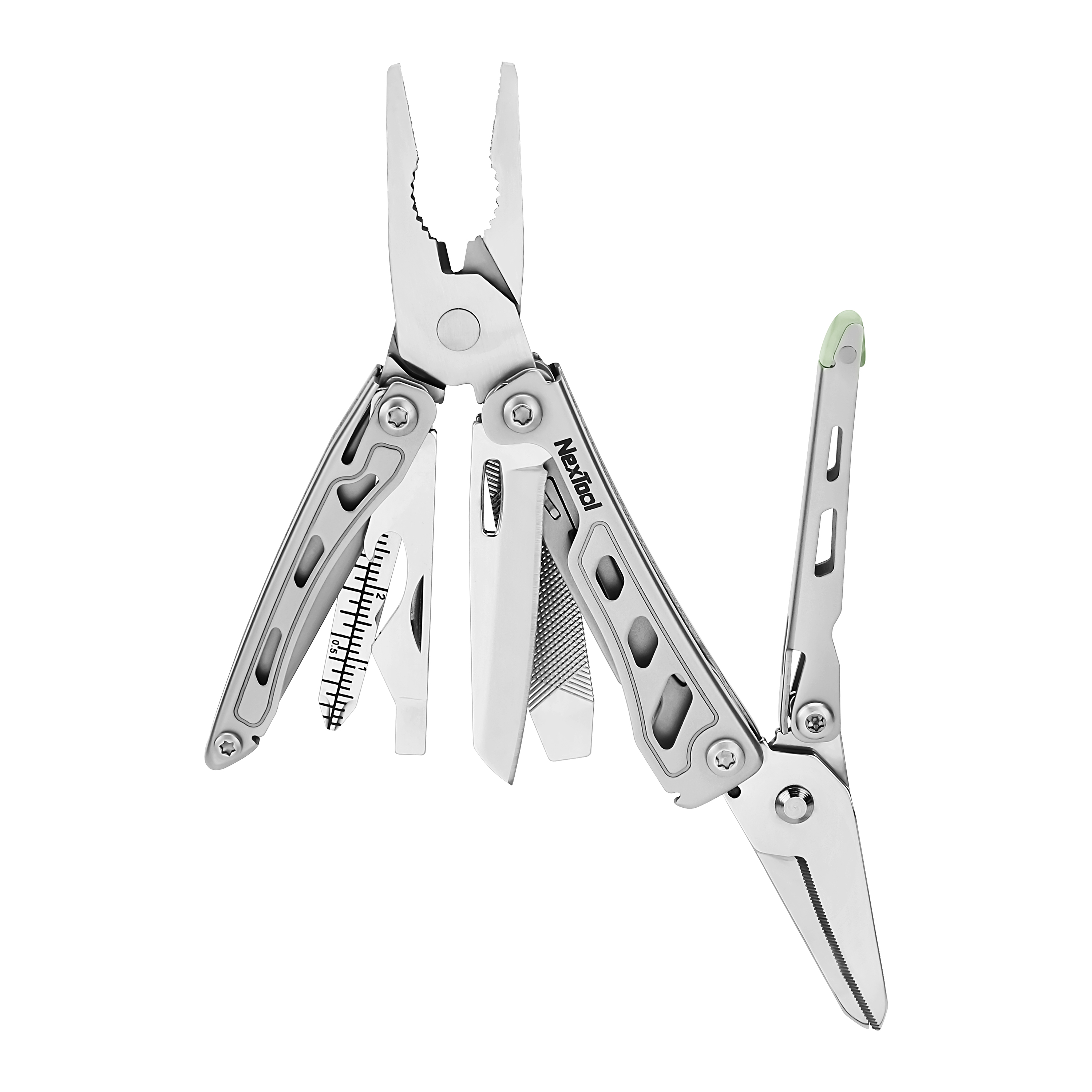 Pince multifonction Nextool en acier inoxydable avec mini couteau, lime et règle sur fond blanc