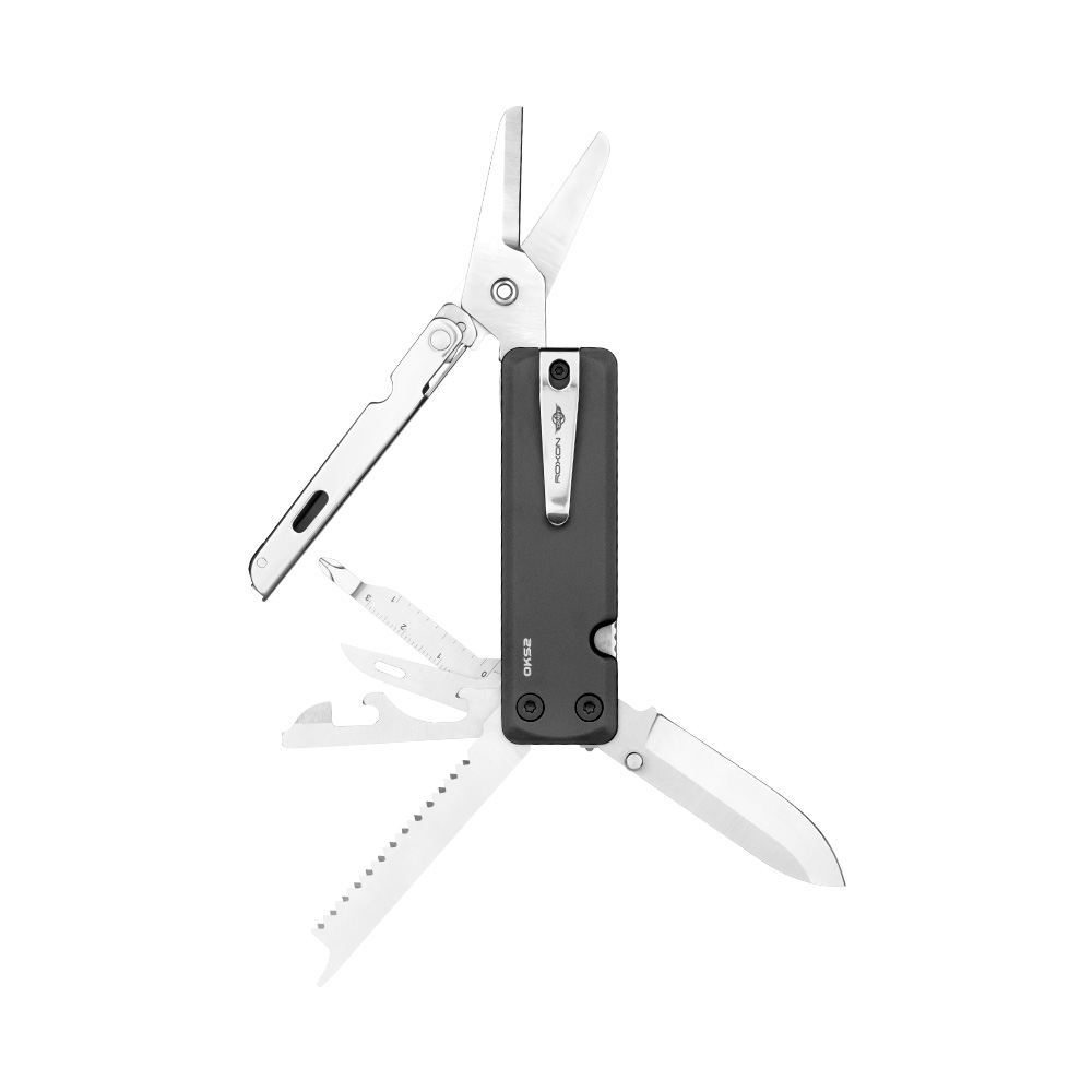 Multi-outil Roxon OK52 déplié: ciseaux, couteau, scie, tournevis. Essentiel pour plein air et EDC.