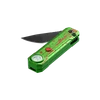 Couteau de poche EDC vert avec éclaboussures rouges, lame noire et lampe de poche intégrée sur fond noir