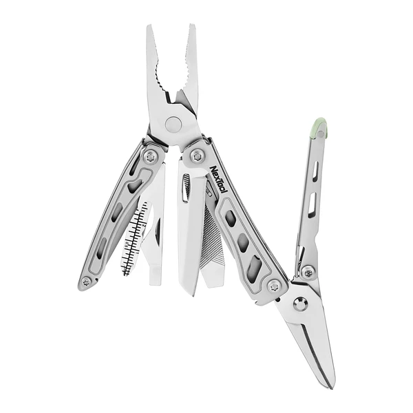 Pince multifonction Nextool en acier inoxydable avec mini outils dépliés sur fond blanc
