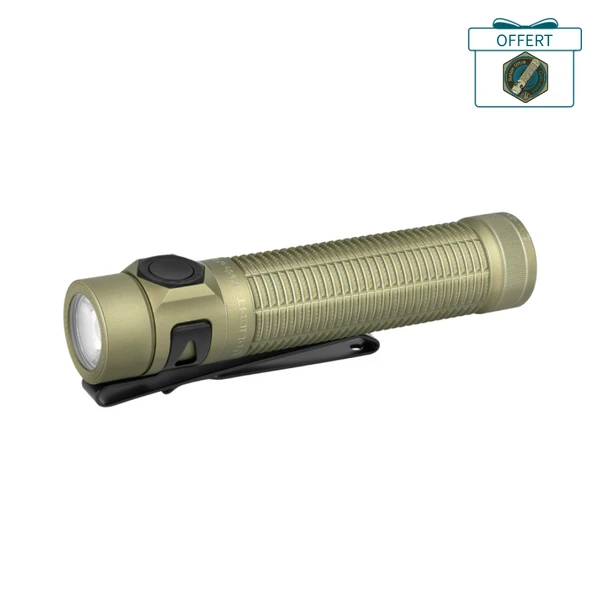 Lampe de poche Olight Baton Ultra vert olive avec clip de poche et corps texturé antidérapant pour le camping.