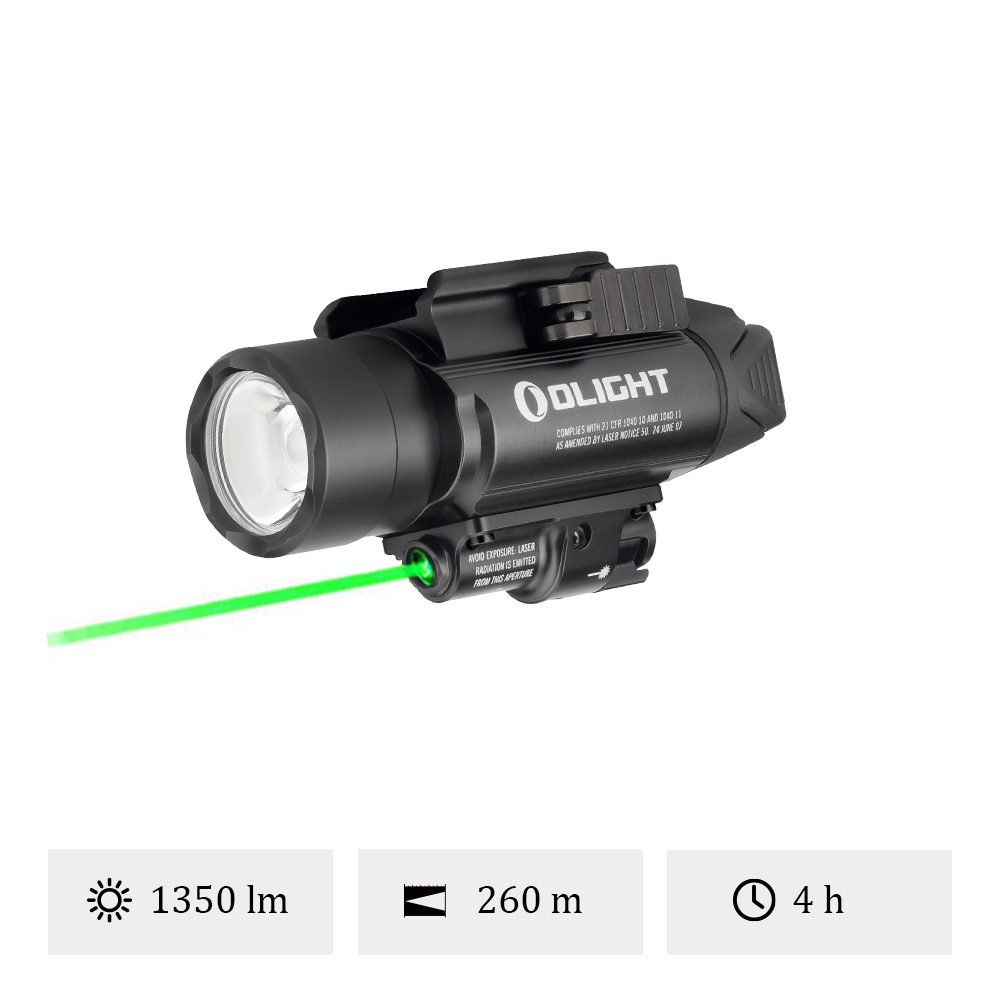 Lampe torche Olight avec laser vert, 1350 lumens, portée de 260 m et autonomie de 4 h