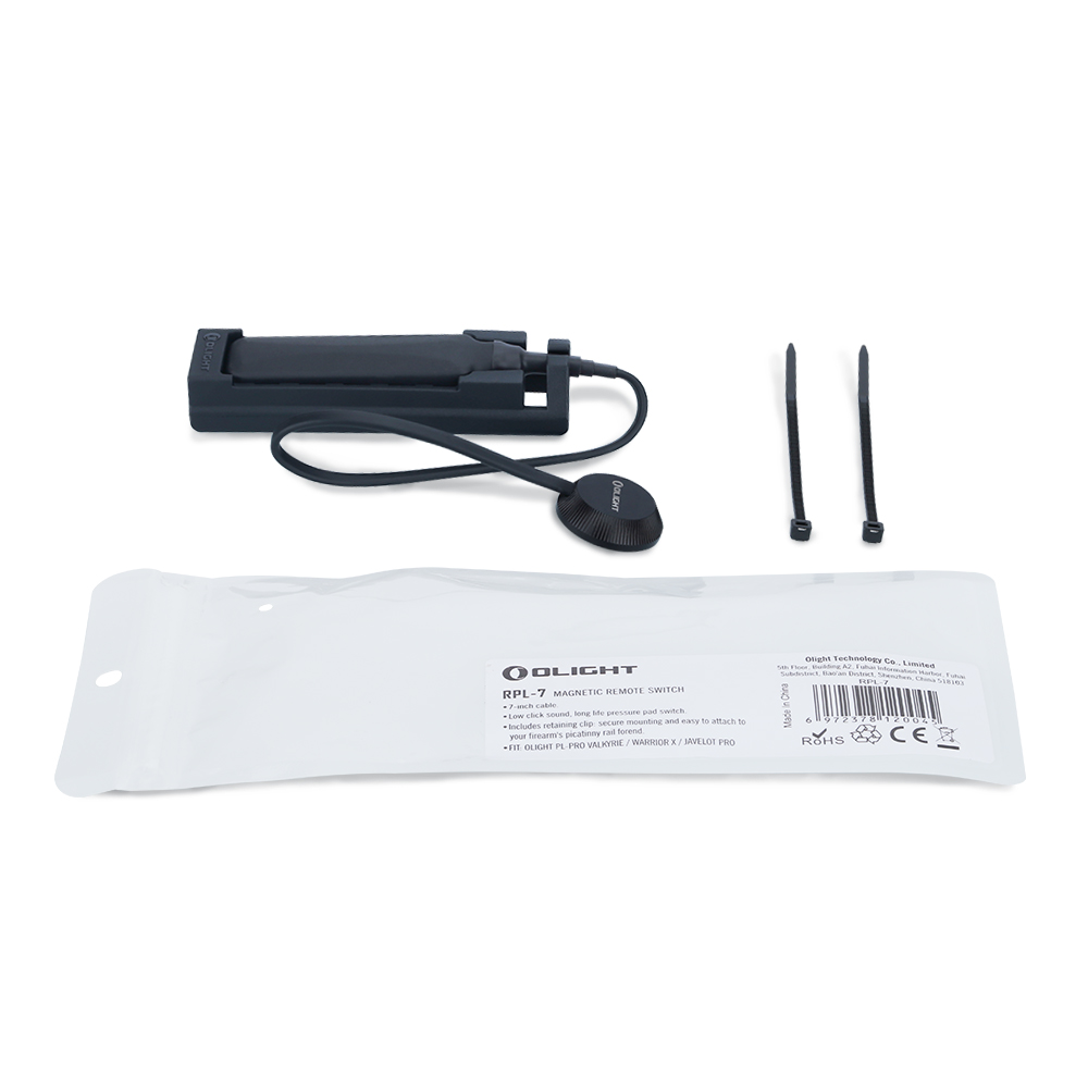 Interrupteur magnétique Olight RPL-7 avec câble, interrupteur à coussinet de pression et colliers de serrage.