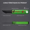Couteau de poche pliant vert et rouge avec dimensions détaillées et caractéristiques du produit.