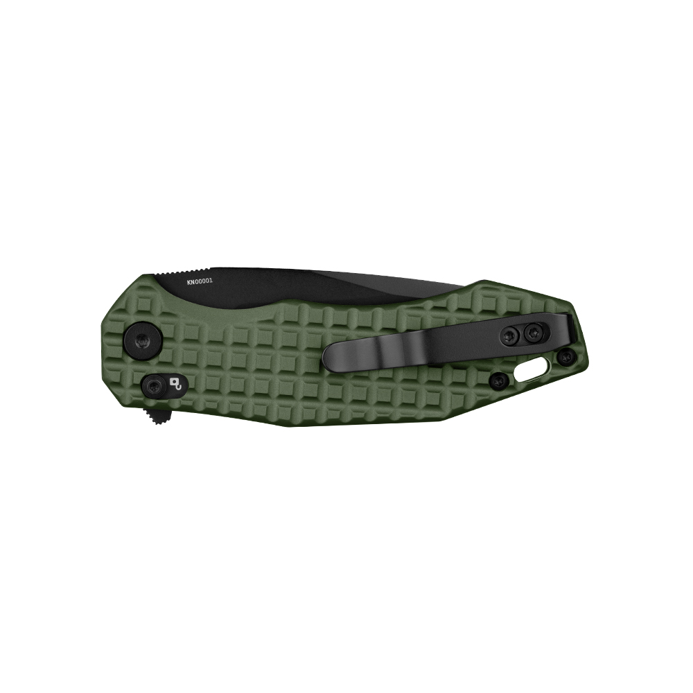 Couteau pliant vert avec lame noire, manche texturé et clip de poche.