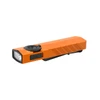 Lampe de poche EDC plate Olight ArkPro orange en vue de trois quarts avec laser vert, UV et port de charge USB-C.