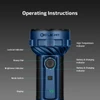 Mode d'emploi de la lampe torche Olight bleue avec détails des boutons, indicateurs et écran d'affichage.