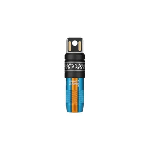Mini lampe torche rechargeable Olight imini 2 bleu et orange avec connecteur USB intégré.