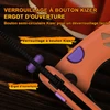 Verrouillage à bouton Kizer et ergot d'ouverture violet sur un couteau de poche orange.
