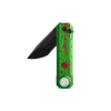 Couteau de poche pliant vert motif éclaboussures de sang rouge avec lampe LED intégrée sur fond noir