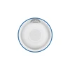 Vue de dessus d'une enceinte portable sphérique blanche et bleue sur fond blanc, montrant des motifs géométriques et le logo CE.