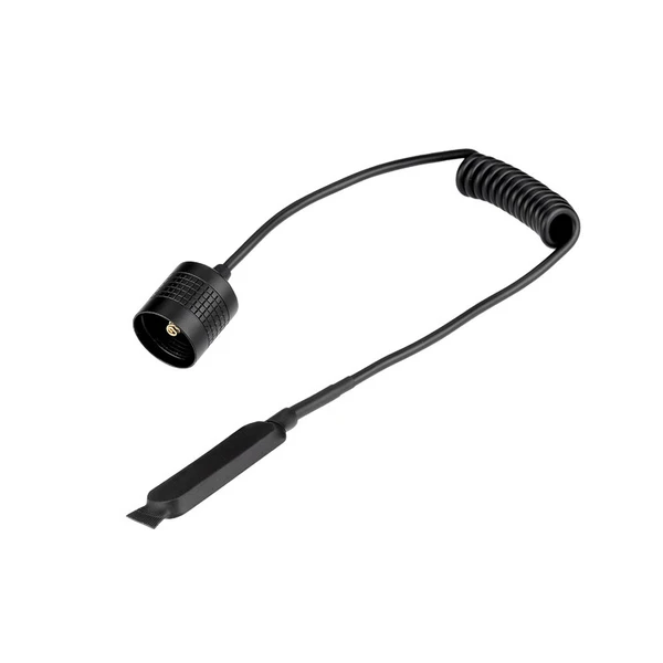 Interrupteur déporté noir pour lampe de poche tactique avec câble spirale extensible sur fond blanc