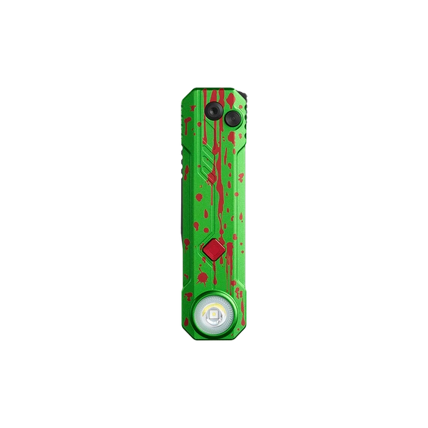 Lampe de poche EDC plate verte avec motifs d'éclaboussures de sang rouge sur fond noir