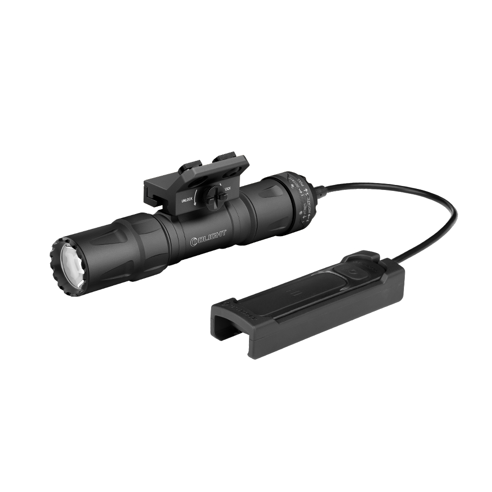 Lampe tactique Olight avec interrupteur à distance, fixation rapide, noir mat.
