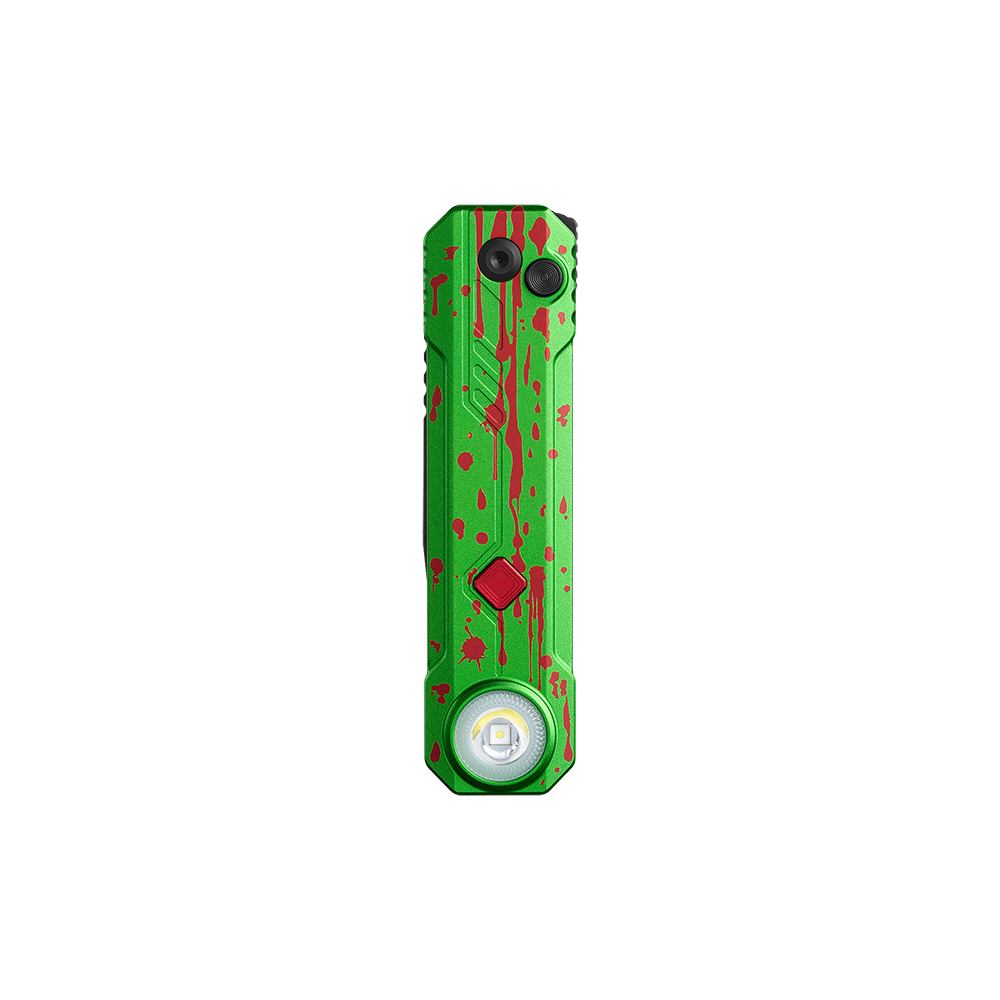 Lampe de poche EDC verte avec éclaboussures de sang rouge et bouton central sur fond noir