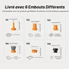 6 embouts de gonflage différents avec dimensions pour bouées, matelas pneumatiques, sacs sous vide et trépied.