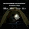 Homme éclairant une carte avec une lampe de poche dans une tente, performances 500 lumens, 120 mètres, 144 heures, 580 mAh