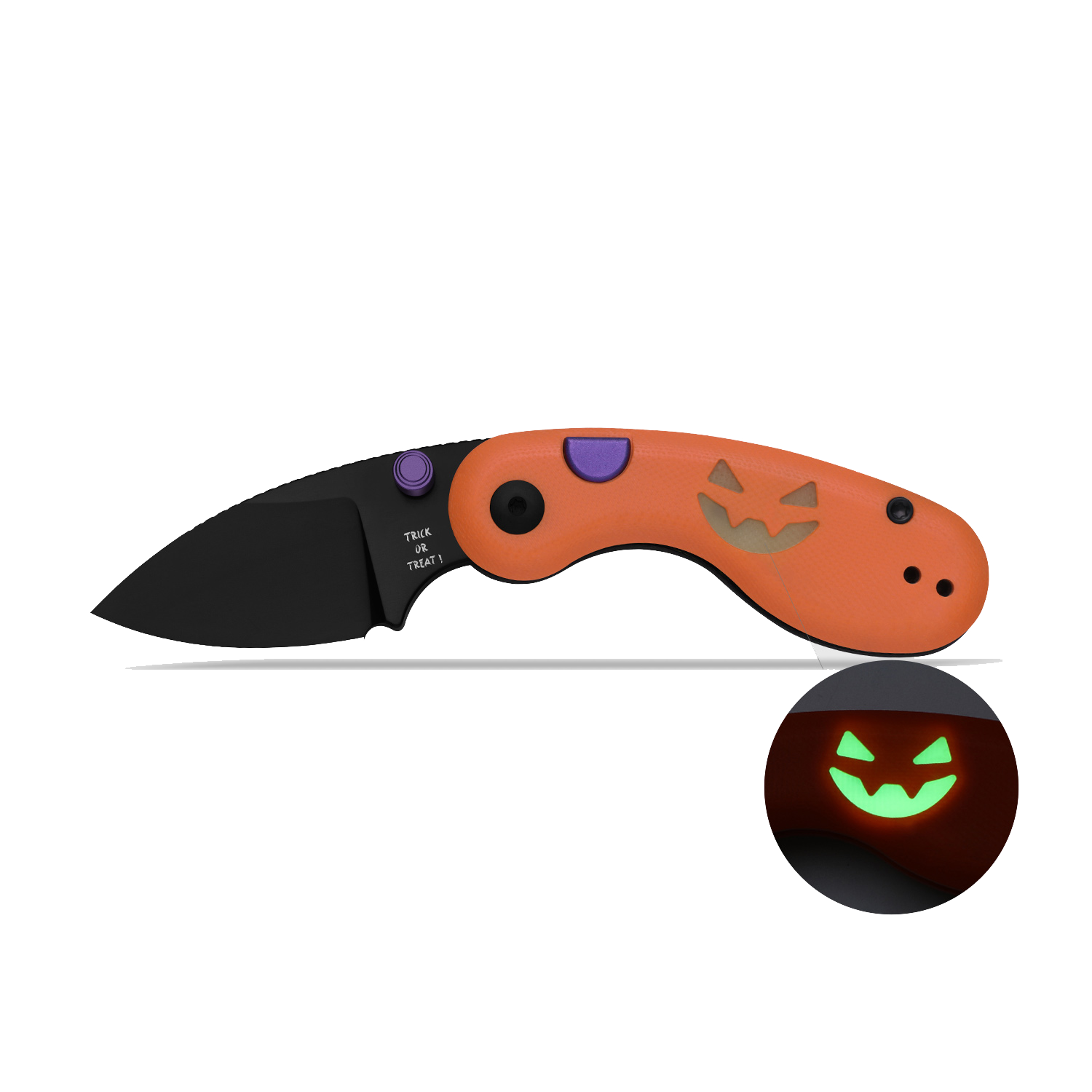 Couteau de poche pliant Halloween orange et noir avec motif citrouille phosphorescente et lame Trick or Treat