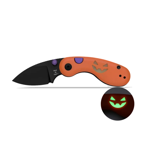 Couteau de poche pliant Halloween orange et noir avec motif citrouille phosphorescente et lame Trick or Treat.