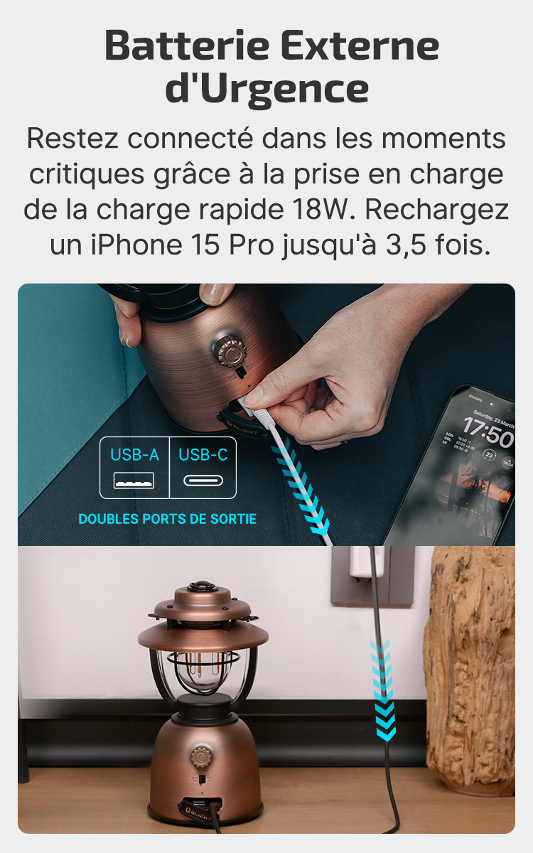 Lanterne Magnétique USB-C Lanterne De Camping OLIGHT Olantern Stretch - 500 Lumens - Tête Réglable - 16000mAh - USB-C - IPX5 Lanterne Tête Réglable 500 Lumens