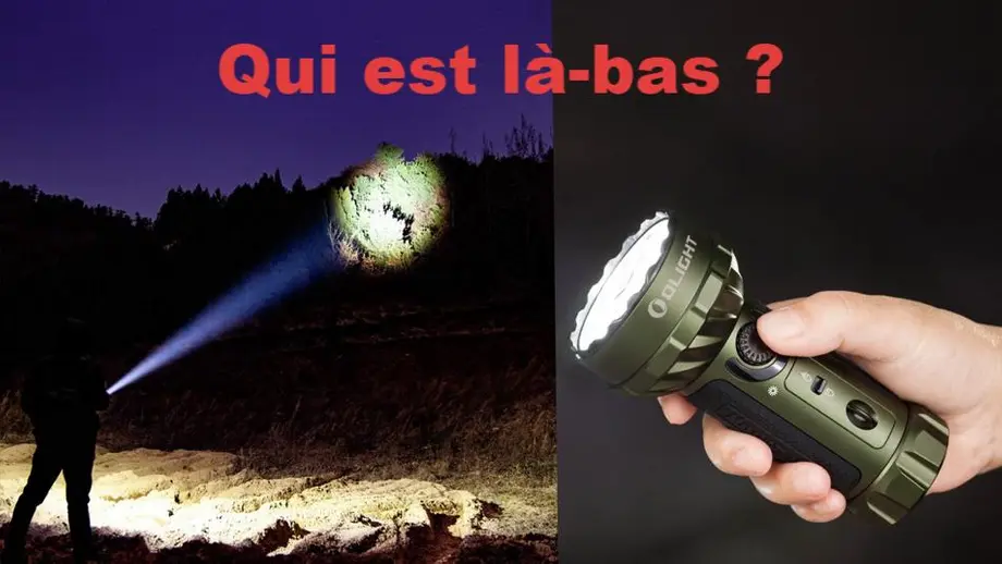 Lampe torche Olight verte pour la recherche nocturne, faisceau puissant dans un paysage sombre.