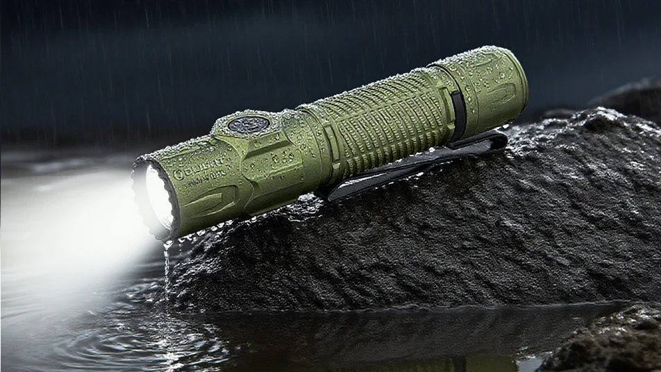 Torche Olight verte étanche, son faisceau illumine l'eau sous la pluie sur roche.
