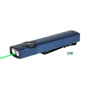 Olight Arkfeld Ultra bleue avec clip, vue latérale, faisceau laser vert pour signalisation et présentation.
